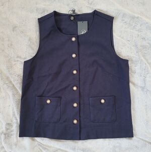 Adrianna Papell Womens Small Crew Neck Ponte Knit Button Front Vest Blue